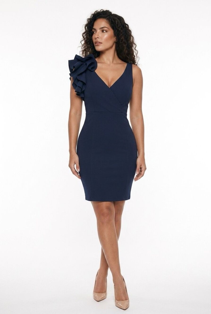 Sam and Jess dark blue sleeveless sheath dress V-neckline layered ruffle accent